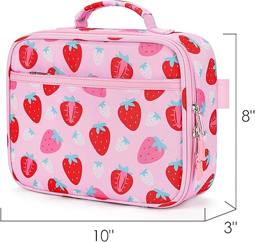 Miniatura 2 de mibasies Lonchera infantil para niñas pequeñas, bolsa de almuerzo aislada y reutilizable para la escuela, fresas surtidas, color rosa