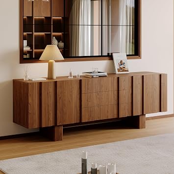 Mid Century Modern TV Stand with Storage, 71" Brown Wood Entertainment Center, TV Console with Wood Support Legs, Farmhouse Media Console for Living Room Bedroom Office