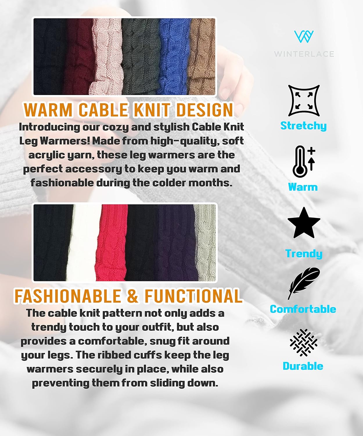 Leg Warmers for Women, 6 Pairs Knee High Cable Knit Warm Thermal Acrylic Winter Sleeve - Image 6