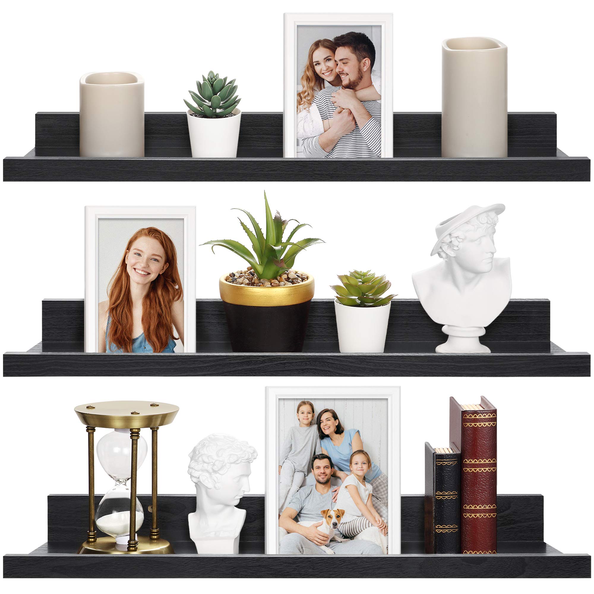 24 Inch Floating Shelves for Wall, Set of 3 in Ebony Black, Modern Rustic Style, Wall Mounted Display Shelves, Picture Ledges by Icona Bay