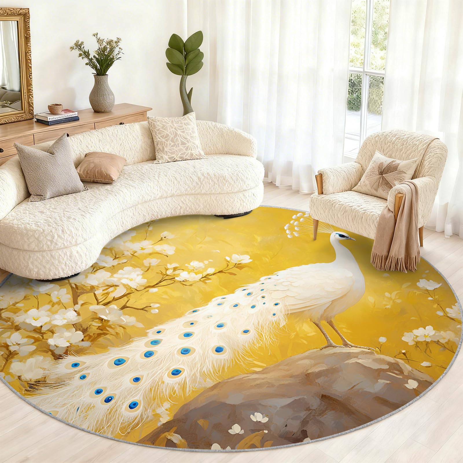 Grand tapis rond 200 cm motif paon antidérapant pour grand salon