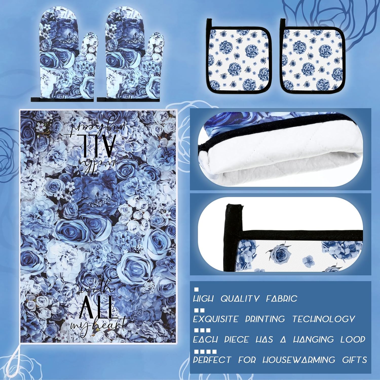 Leinuosen 8 Pcs Blue Rose Kitchen Towels and Dishcloths Sets Oven Mitts and Pot Holders Sets Absorbent Kitchen Gloves Potholders Heat Resistant for Chef Baking Cooking - Image 5