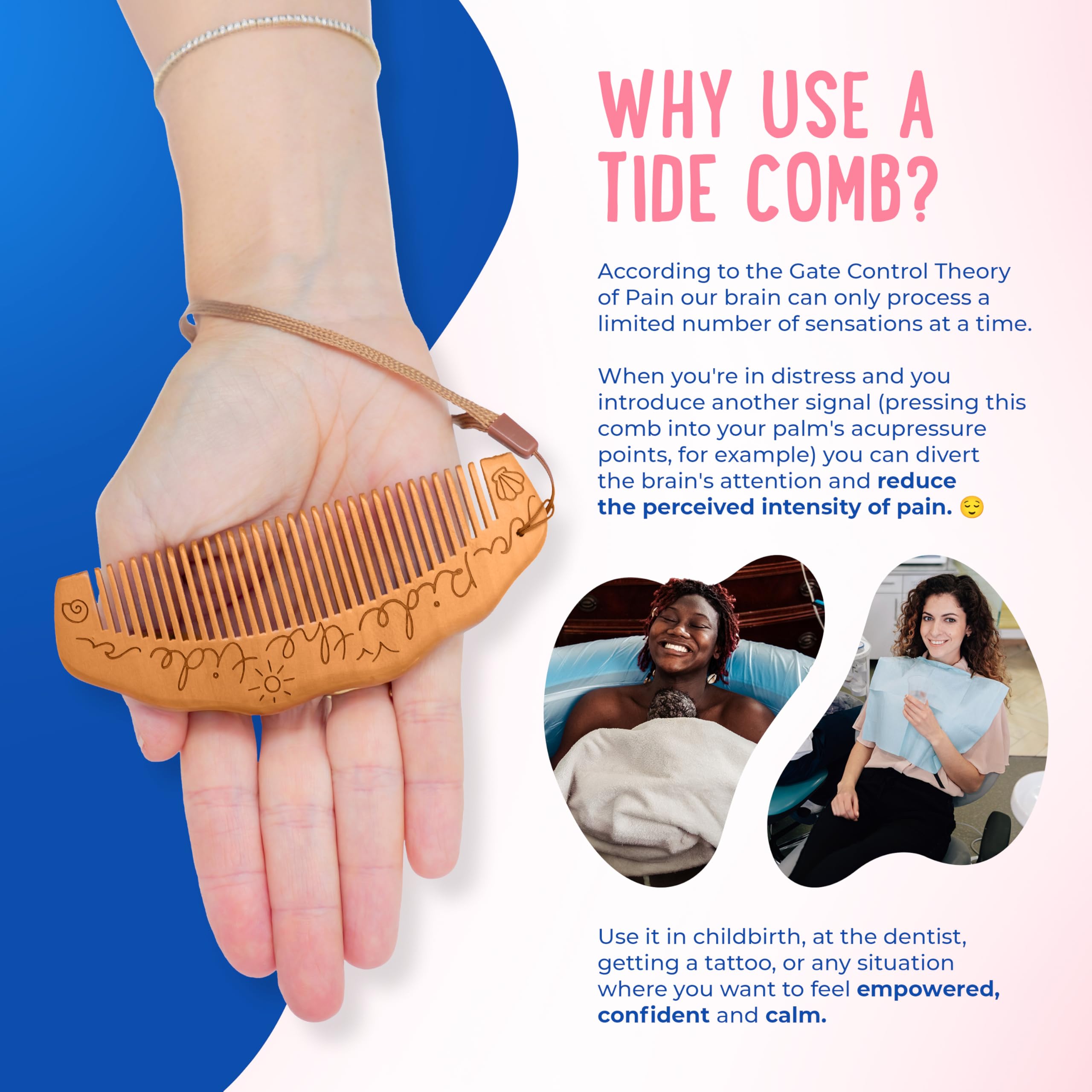 Mama Natural Tide - Peine de parto para el dolor de parto (1 pieza), peine de madera para mujeres, peine de trabajo de parto y artículos esenciales para el parto, peine de madera para embarazo, alivio
