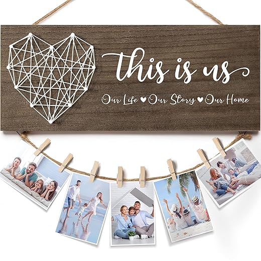 Christmas Gifts for Mom Women, Housewarming Gifts New Home Wall Decor Sign, This Is Us Family Picture Frame Wedding Gifts for Couples Farmhouse Rustic Wood Hanging Photo Holder, Gift for New Homeowner