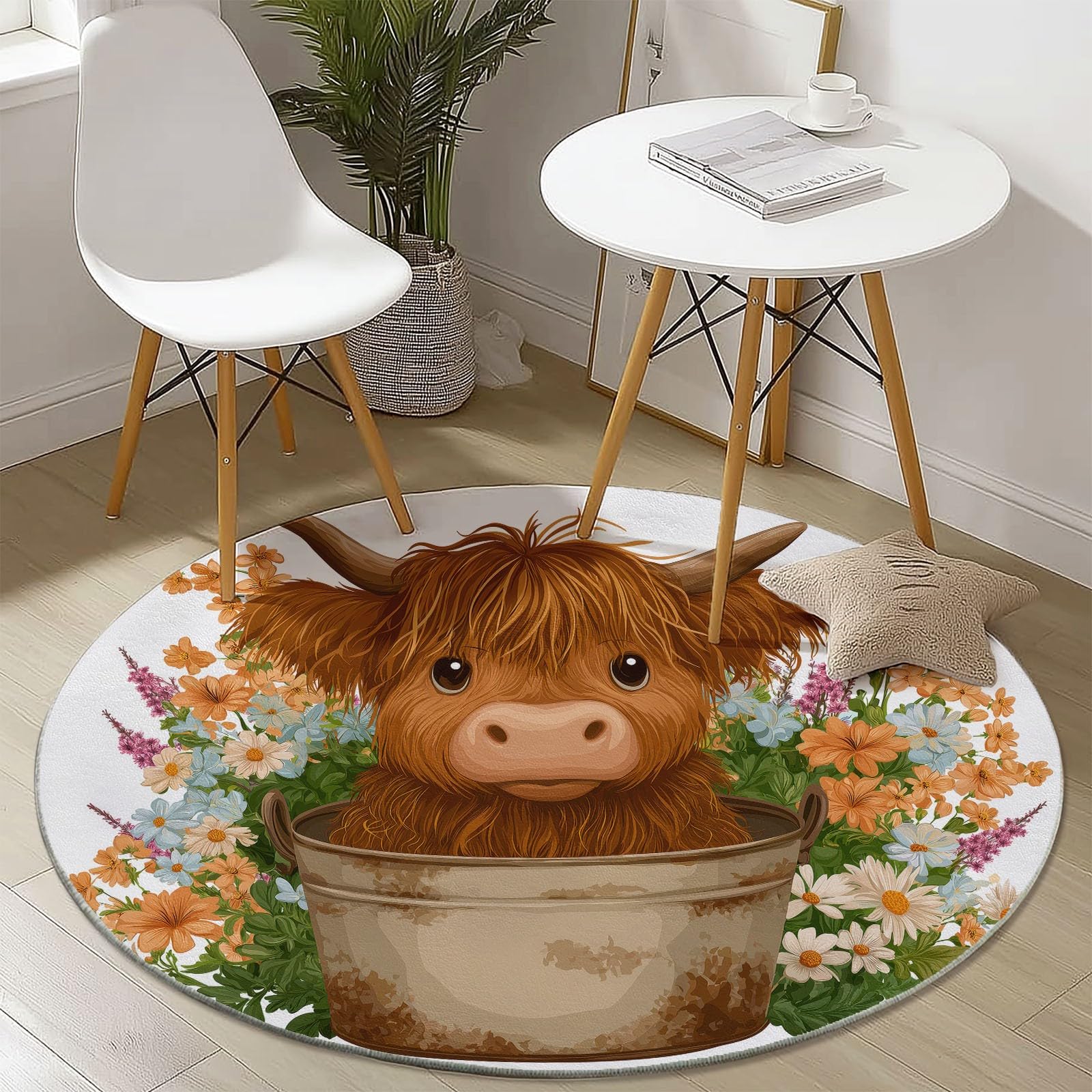 Générique Okrągły dywan Cartoon Highland krowa kwiaty 150 cm, można prać w pralce, do salonu, antypoślizgowy, z nadrukiem, do jadalni, pokoju dziecięcego, żłobka, brązowy