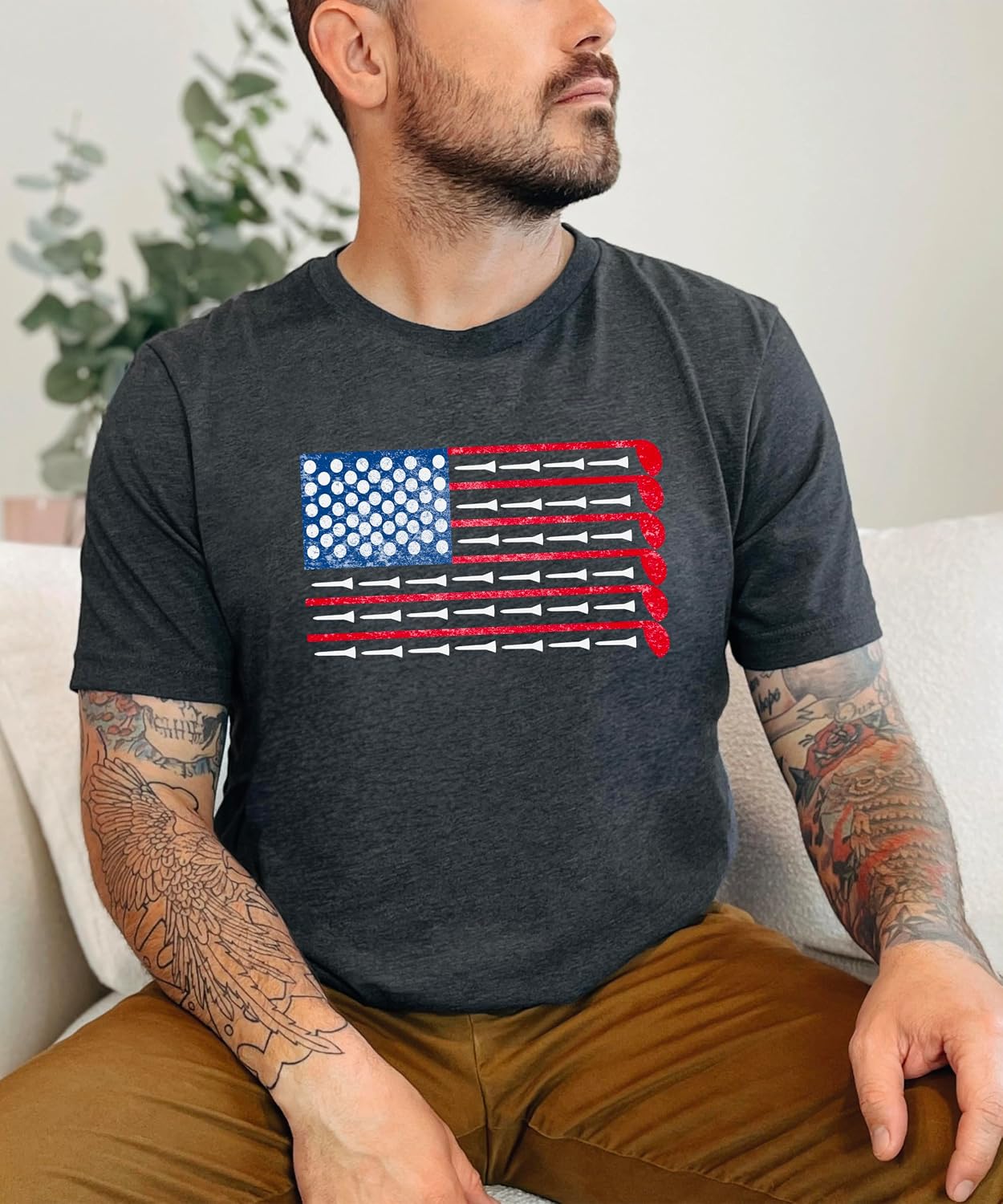 Olive Loves Apple Red White & Blue American Flag Golf Shirt for Men Patriotic USA Flag Tee for Golfer