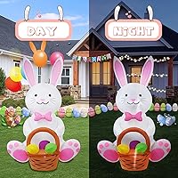 Vista 5 de Conejo de 5 pies con una cesta de flores, decoración inflable de Pascua para patio, conejo de Pascua inflable con cesta iluminada, decoración al