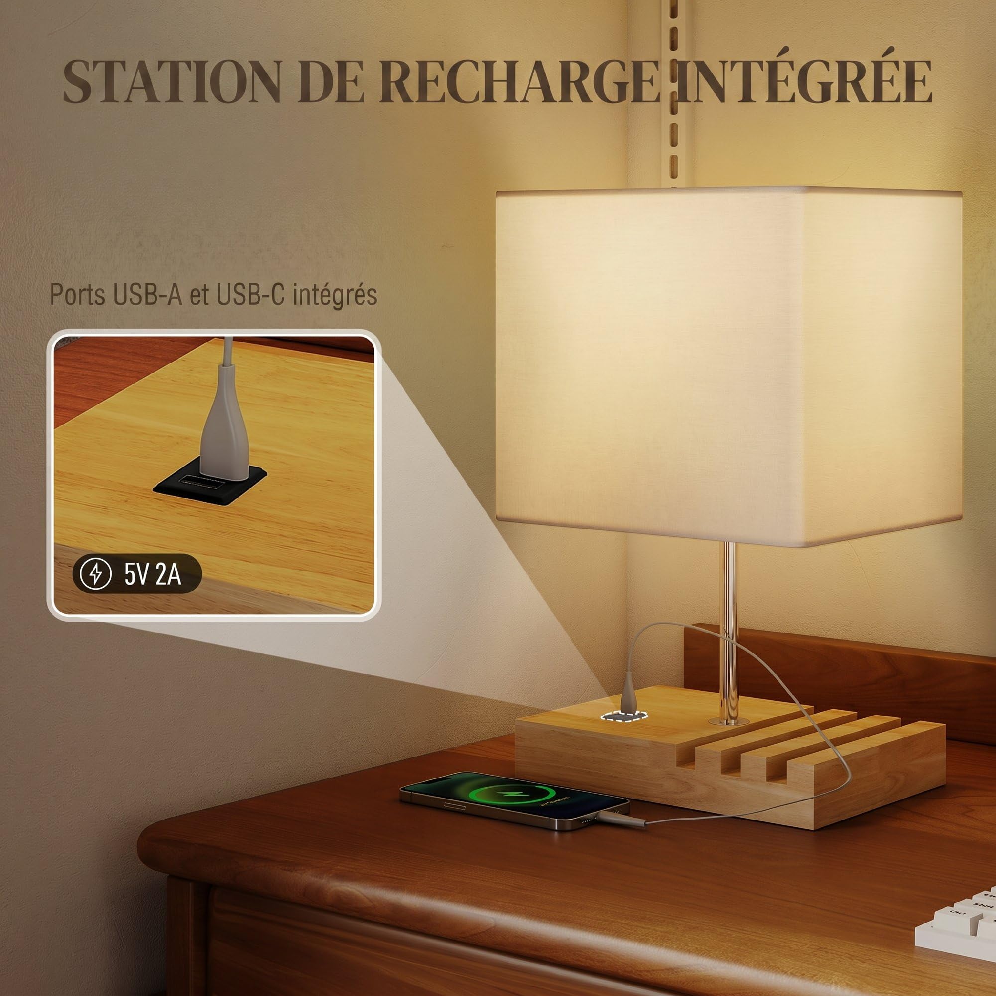 HOMCOM Lampada da comodino con USB A+C, 3 supporti per telefono, bianco