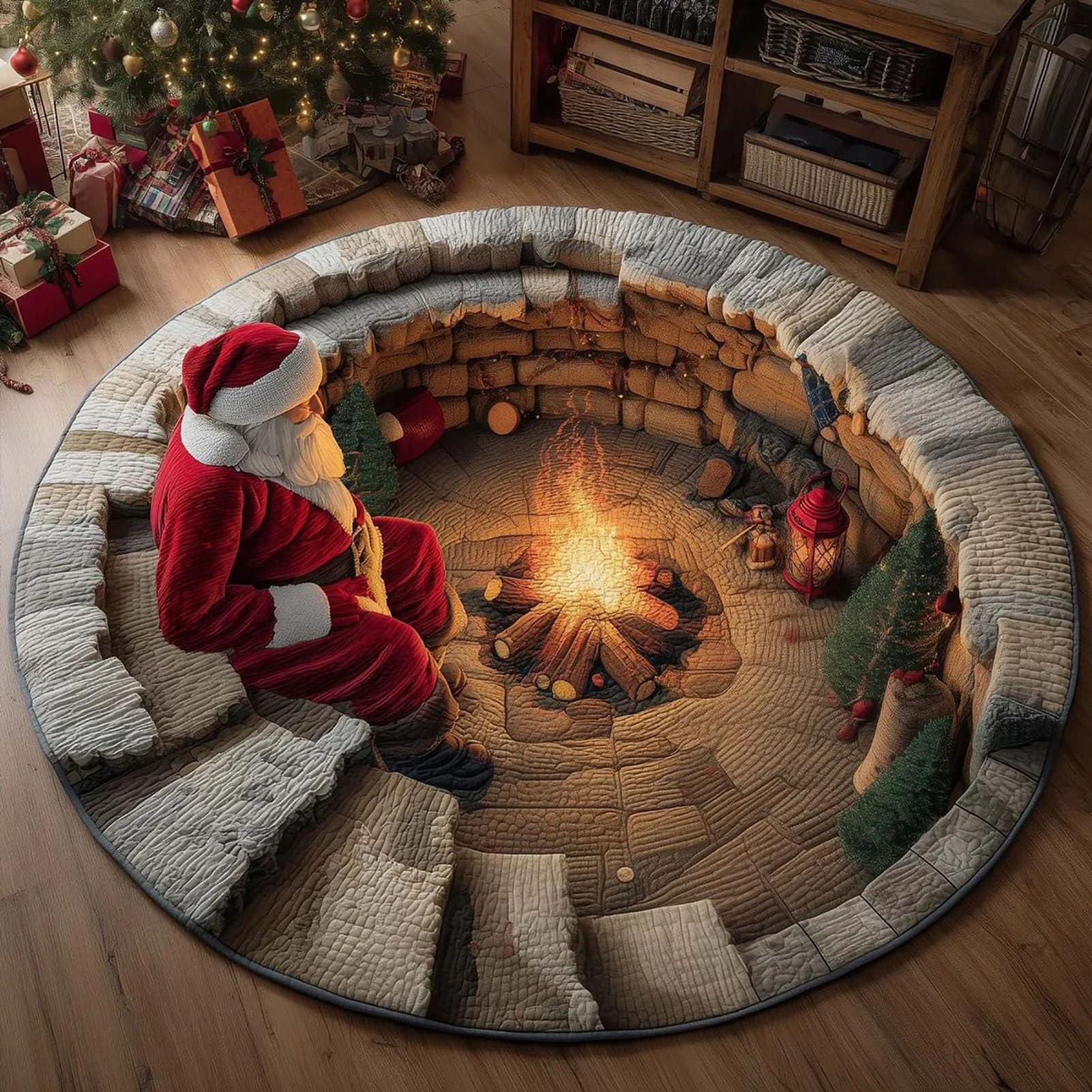 Tapis de sol rond 3D festif de Noël, motif Père Noël et feu de camp,120cm