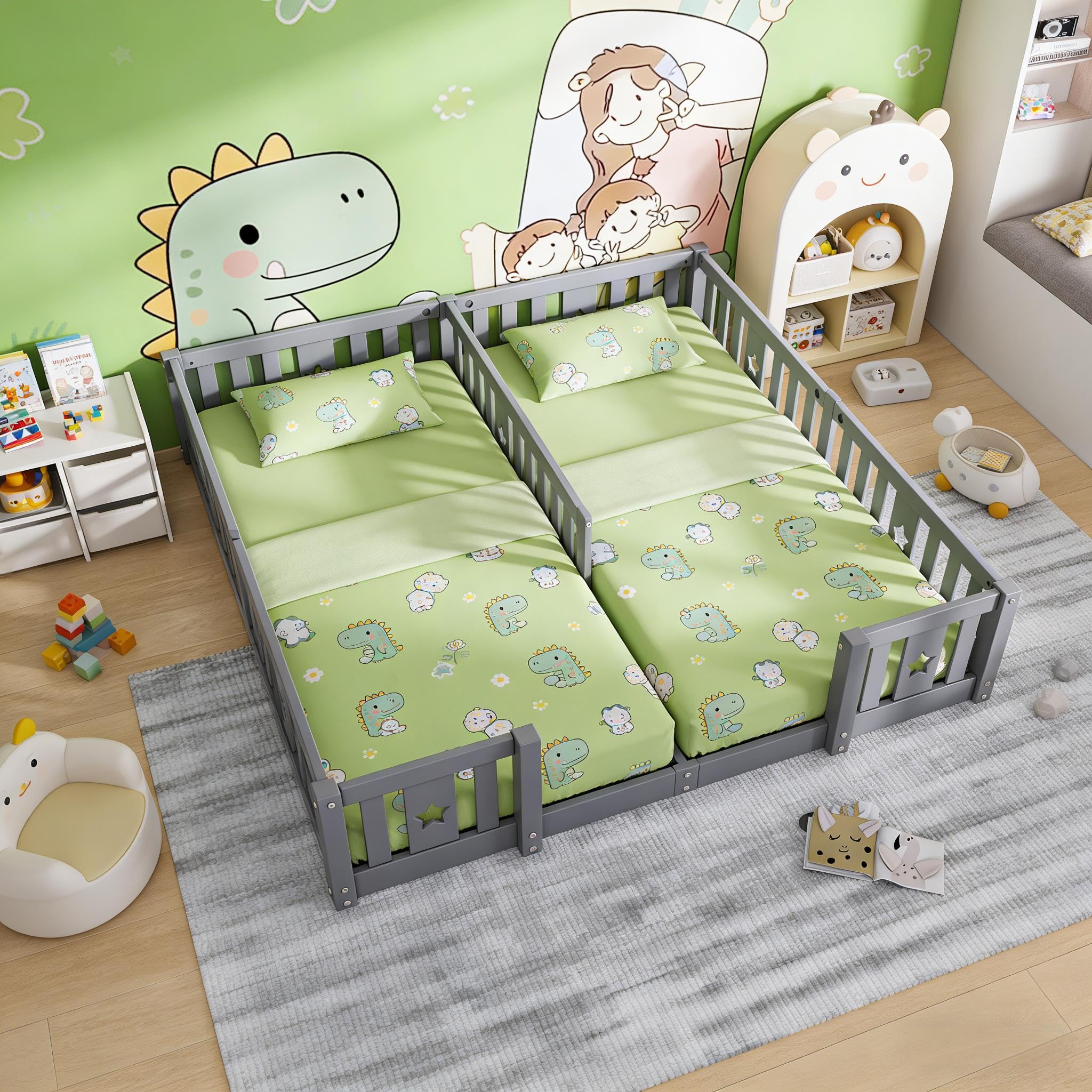 Lit de sol 180x200 cm pour 2 enfants, lit double avec lit de sécurité, lit de sol 90x200, lit Montessori pour enfants frères (Gris-B02, sans sommier à lattes, 180x200)