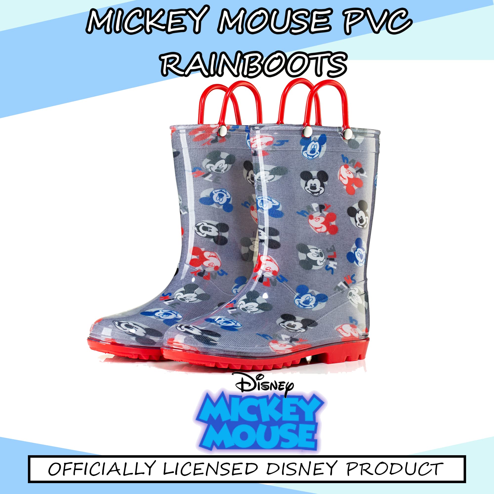 Disney Mickey Mouse - Botas de lluvia impermeables de PVC con asas para niños pequeños y niños pequeños