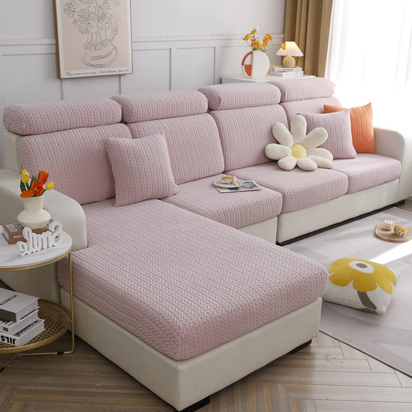 OKYUK Universal Sofa Cover, 2023 New Wear-Resistant High Stretch Couch Cushion Slipcovers, Anti-Slip L Shape Sofa Covers - Tear Stain Resistant Sofa Protector (Pink, Pillowcase)