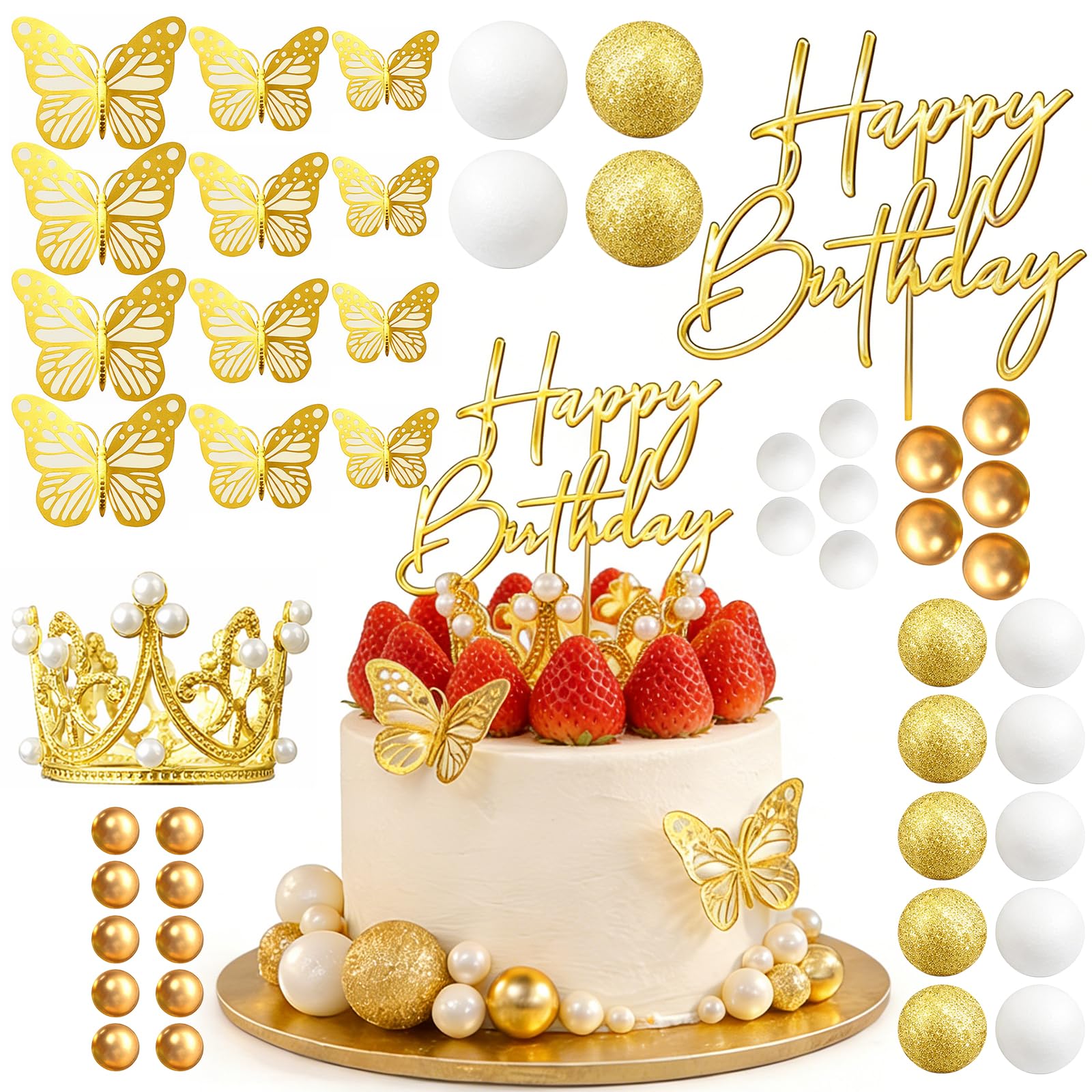 39Pcs Crown Cake Topper, Happy Birthday Cake Topper, Birthday Cake Decorations Set with Butterfly Sign & Gold Balls, DIY Princess Cake Toppers for Women Queen Birthday Family Gathering and Wedding