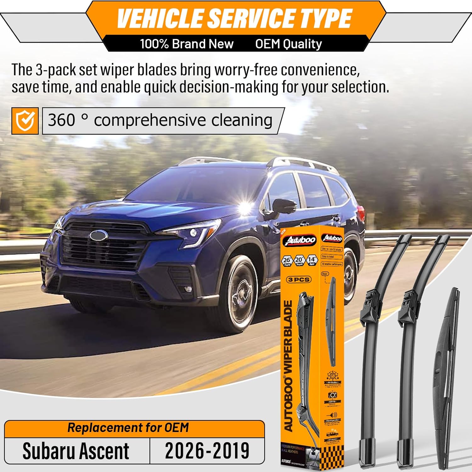 AUTOBOO 26"+20" Windshield Wipers with 14" Rear Wiper Blade Replacement for Subaru Ascent 2019 2020 2021 2022 2023 2024 2025-2026 -Original Factory Quality (Pack of 3)