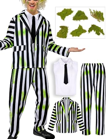 Halloween Black and White Striped Blazer Suit for Men Tie Shirt Green Face Sticker Outfit Costume