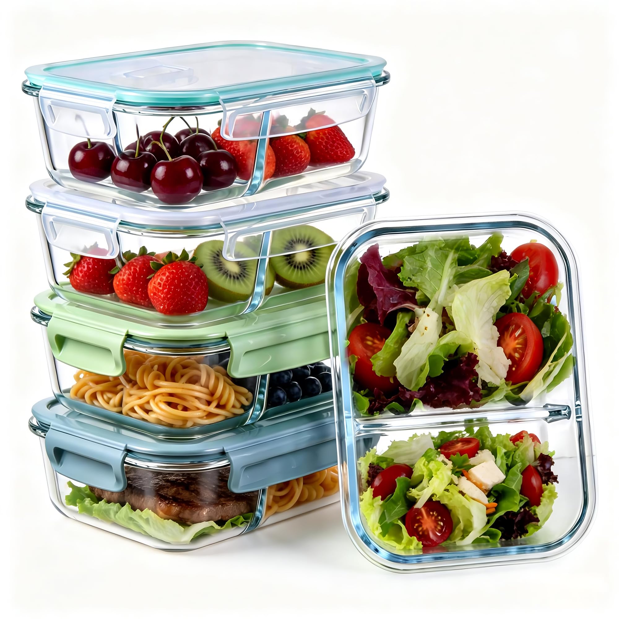 Zocipro 5 Pack 1040ml Glass Containers with Lids, Leak-Proof & Airtight Glass Food Storage Containers, Meal Prep Container for Lunch with 2 Compartments, for Microwave, Oven,Freezer and Dishwasher