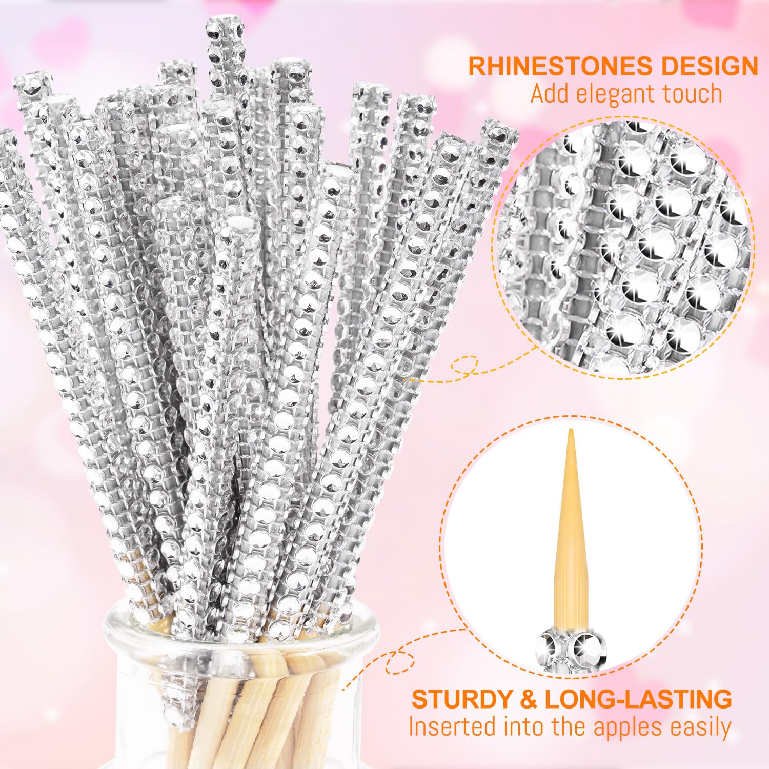 24-teiliges Süßigkeiten-Apfel-Stick-Set Mit Glitzerstrass & Band – Inkl. 24 Holzspieße, Beutel & 22 M Glitzerband – Für Karamelläpfel & Dessert-Deko