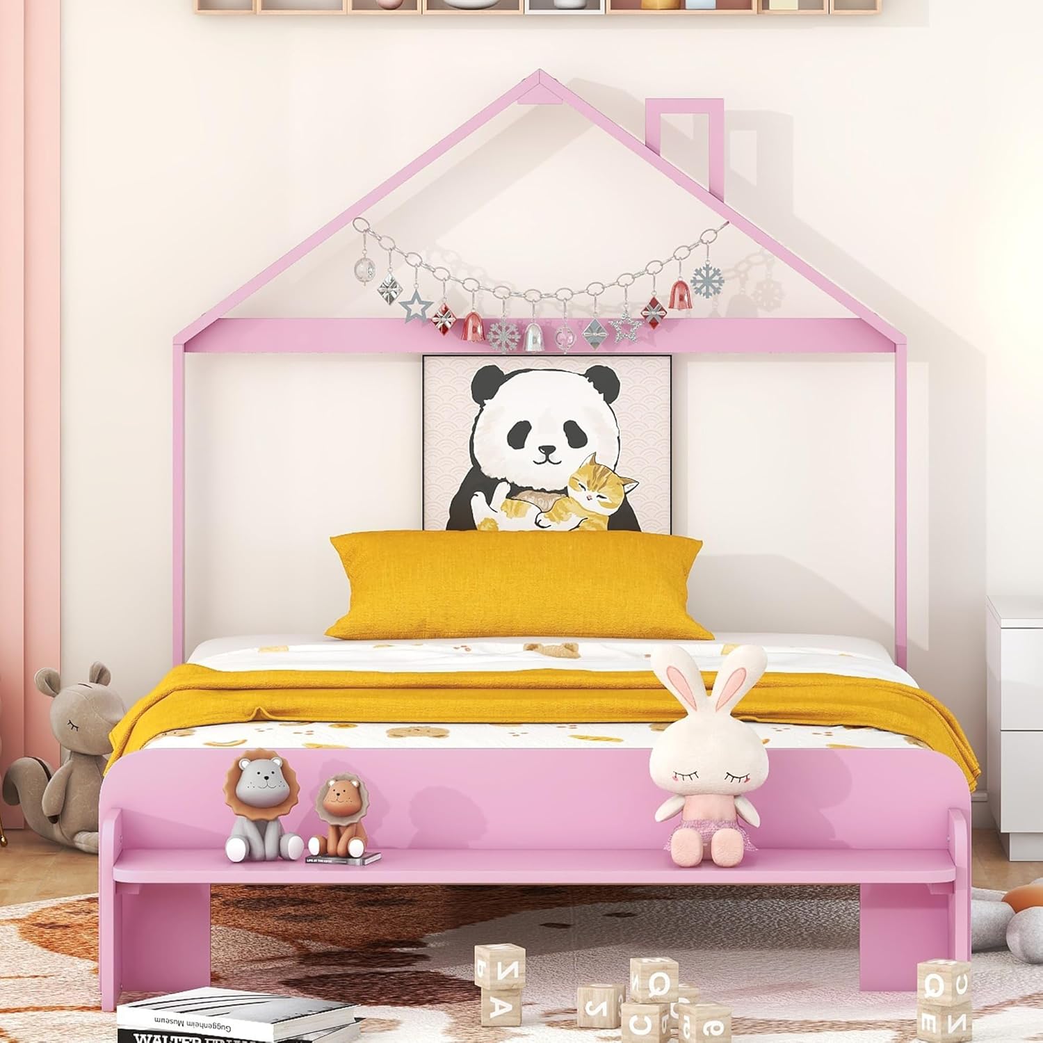 Platform Full Size Wood Platform Bed with House-Shaped Headboard and Footboard Bench Compatible with Kids, Teens, No Box Spring Needed/Easy Assembly (Pink, Full),Queen Bed (Pink Full)