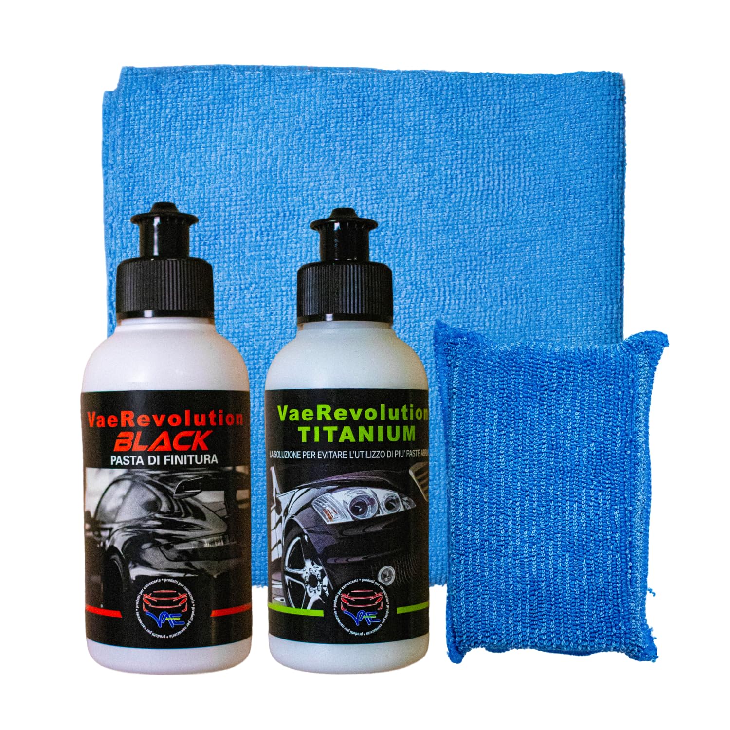 VAE Mini Kit Lucidatura Auto Manuale PLUS, Kit Completo Rimozione Segni Medio-Profondi, Revolution Titanium 100g + Revolution Black 100g, Spugna Lucidante e Panno Microfibra, Finitura Professionale