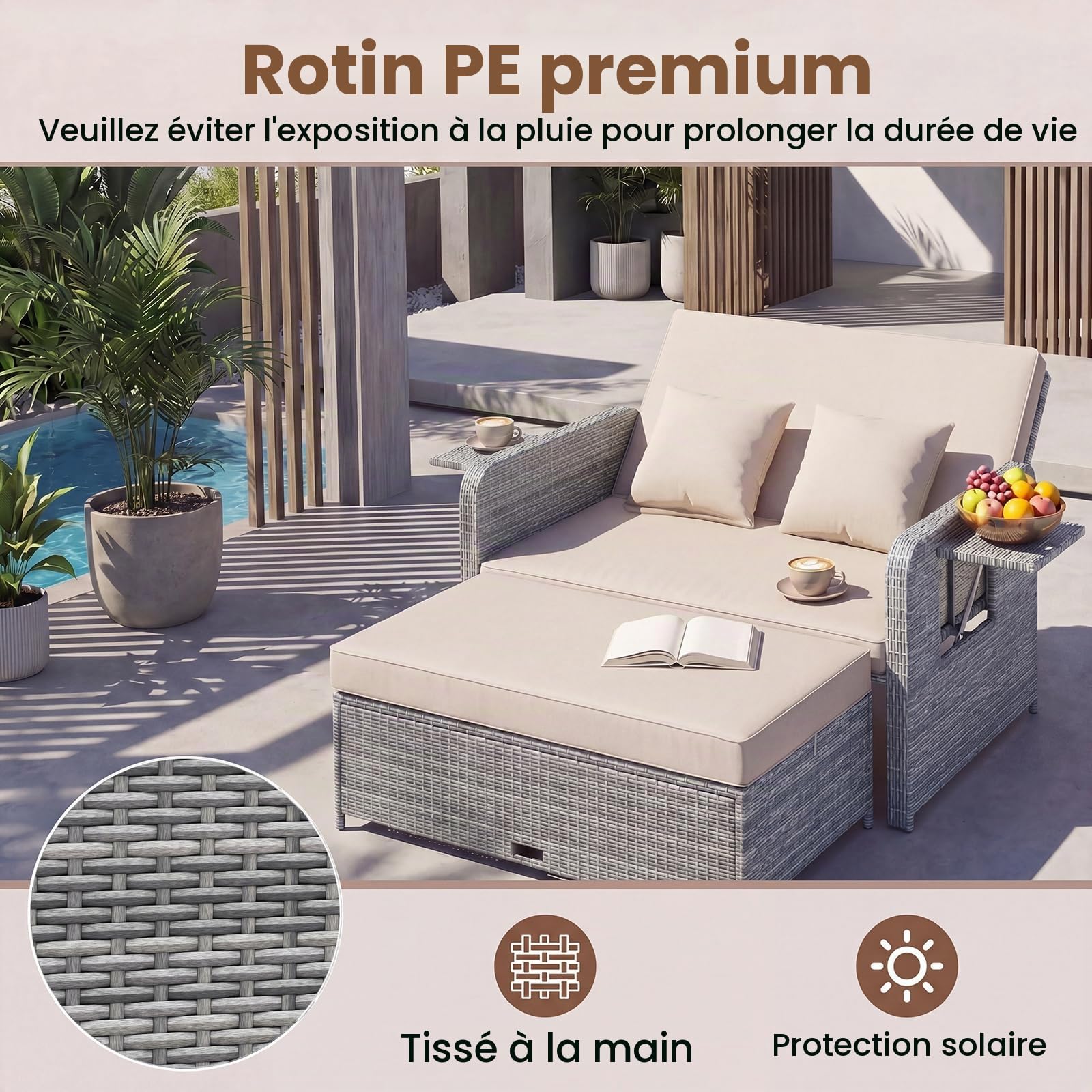 LIFEZEAL Salon de Jardin Extérieur avec Tabouret & Coussin pour 2 Personnes, Dossier Inclinable 4 Positions, Bain de Soleil Rotin PE, Table Appoint, 2 Oreillers, Charge 360 kg (Beige, Style 2)