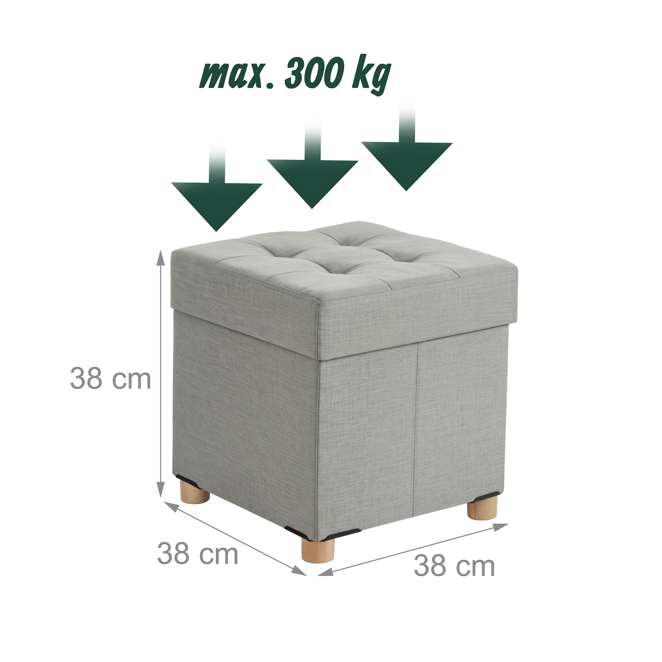 Tabouret Relaxdays avec Rangement, rembourré, H x L x P : 38 x 38 x 38 cm, en Lin, Pieds en Bois, Gris Clair