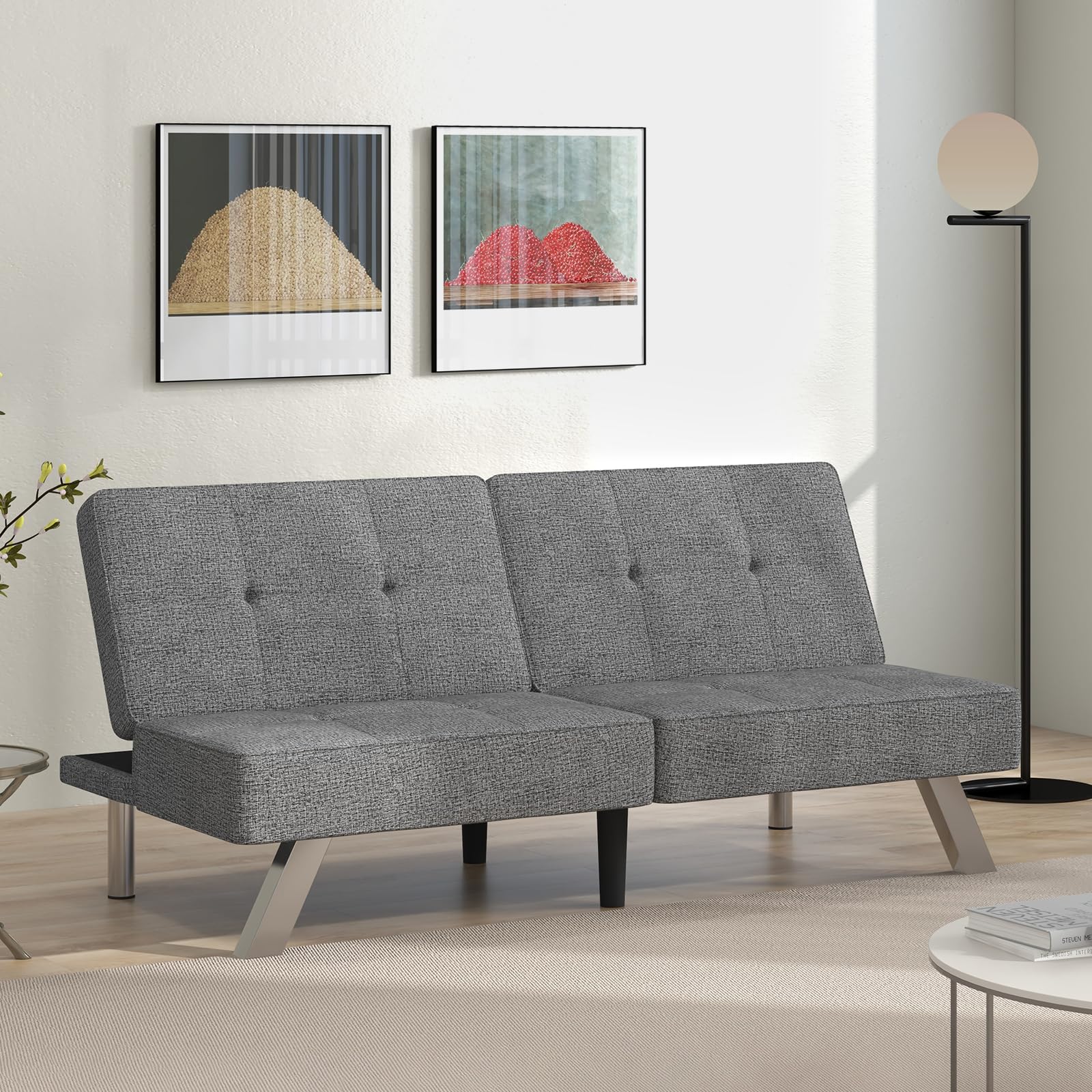 Simore Convertible Futon Sofa Bed Couch, Modern Fabric Grey Futon Couch for Living Room Office Small Upholstered Loveseat Folding Daybed Guest Bed with Splitback Backrest, 3 Angles, Gray