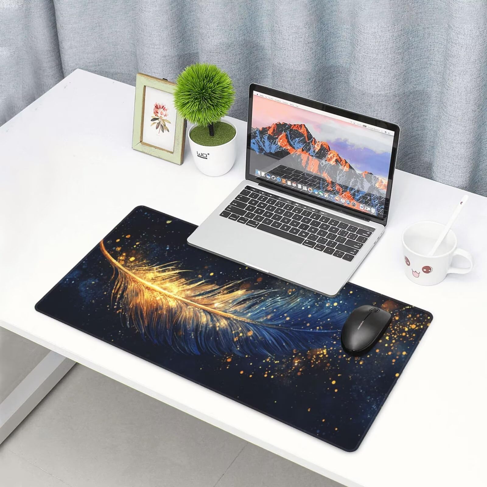 XXL czarna podkładka pod mysz z piórami mata na biurko 1600 x 800 x 3 mm zmywalna podkładka do gier na laptopa, z antypoślizgową gumową podkładką dla graczy, PC, pracowników biurowych Y429