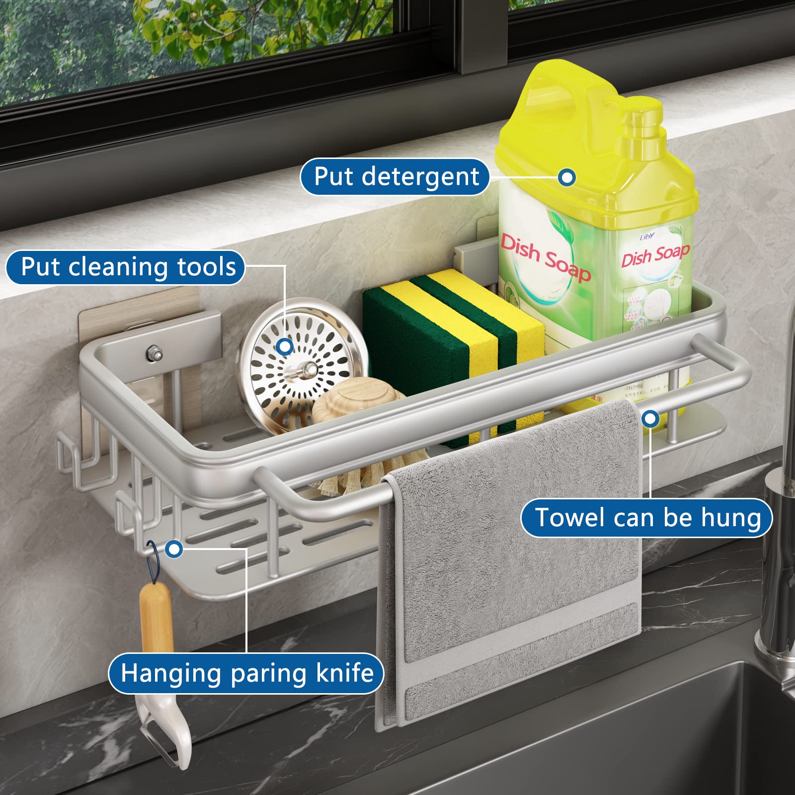 Spülbecken Organizer,Haken Waschbecken Organizer Wand Hängend Ohne Bohren Selbstklebend Badezimmer Spüle Organizer für Küchenzubehör Schwamm/Bürste/Spülseife (Silber(kein Tablett))