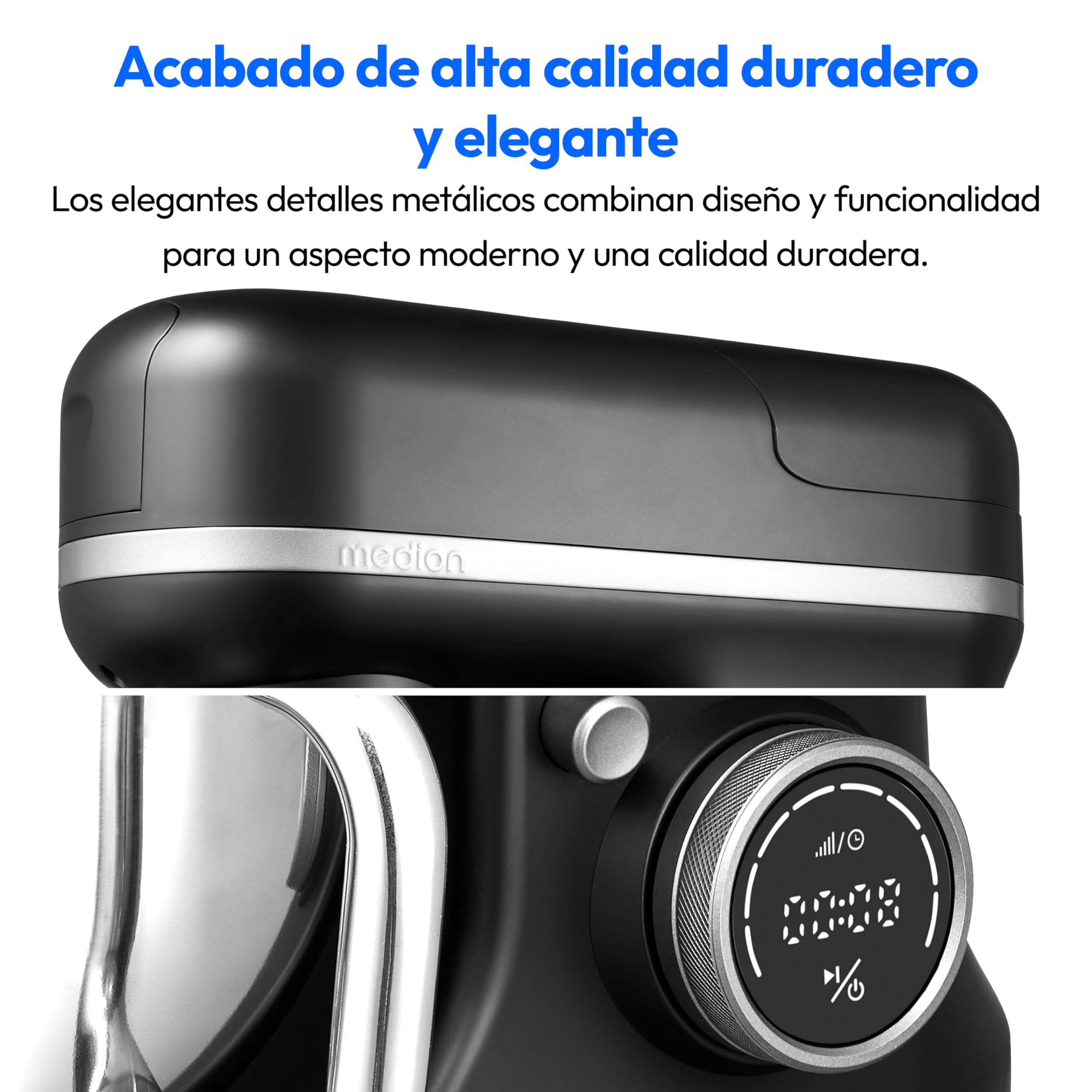 Procesador de alimentos universal MEDION 3 en 1 (digital, 1.200 vatios, 8 niveles, mezclar amasar batir mezclar picadora, bol para preparar helados, pantalla táctil digital, MD18430) negro