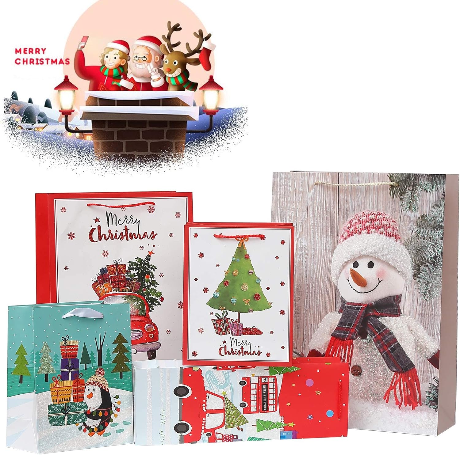 Christmas Gift Bags Bulk Set Christmas Paper Bags Assorted Sizes 3 Jumbo 5 Large 6 Medium 2 Wine Bags 16 Count Glitter Design with 12 Sheets Tissue Paper