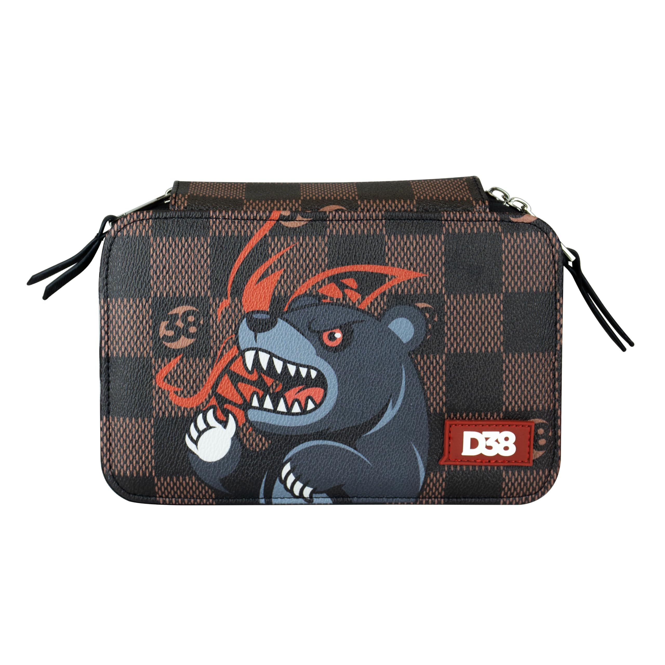 Astuccio 3 Zip Disegno38 Bear CR Group | Ragazzi | Marrone Fantasia Quadretti con Orso e Lupo Rosso | Completo di Cancelleria Giotto