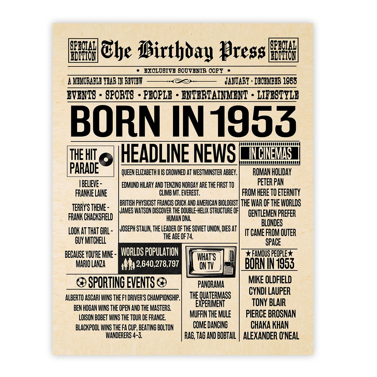 Stuff4 73rd Birthday Poster Unframed - Born In 1953 Newspaper - Happy 73rd Birthday Gifts for Men Women Vintage Retro Back In 1953, 8x10 Inch Bday Party Decor Decoration