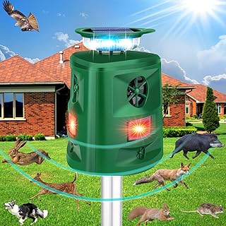 Deer Repellent Device Ultrasonic Solar Animal Repeller,360 ° Squirrel Repeller Outdoor with Motion Sensor & Flashing Light,Racoon Repellent Outdoor Repel Fox Rabbit Squirrel Raccoon Skunk-Dark Green