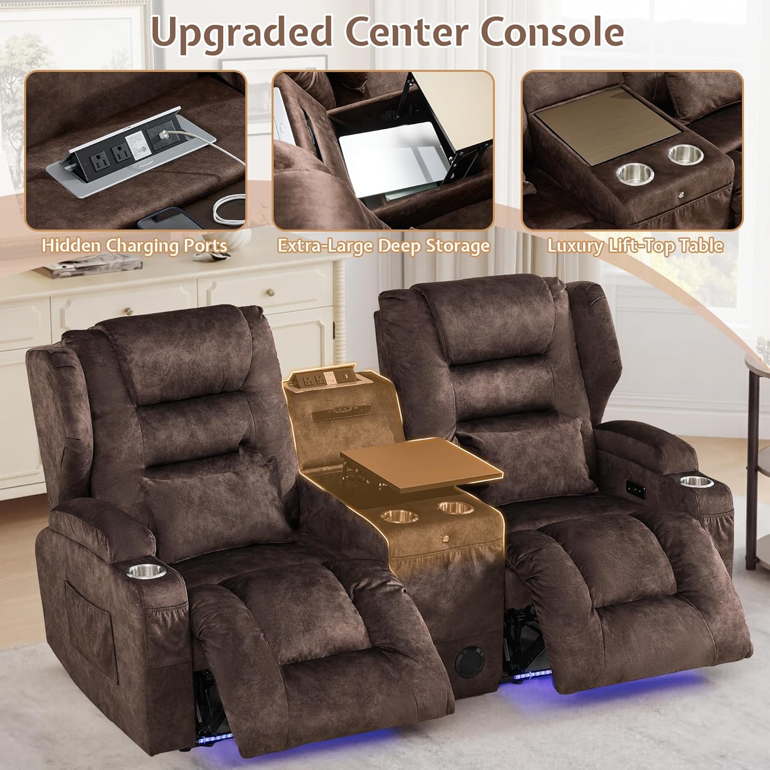 SAMERY Loveseat Recliner Sofa, Power Reclining Loveseat Sofa, Wall Hugger Recliners RV Couch with Console, Lift-Top Table, Rhythm & Ambient LED Lights, USB-C, Outlets, Velvet, Chestnut | Extra Wide Seat, Plush Padding, Dual Power Recline, Lift-Up Table, Ample Storage, 1" Wall Hugger