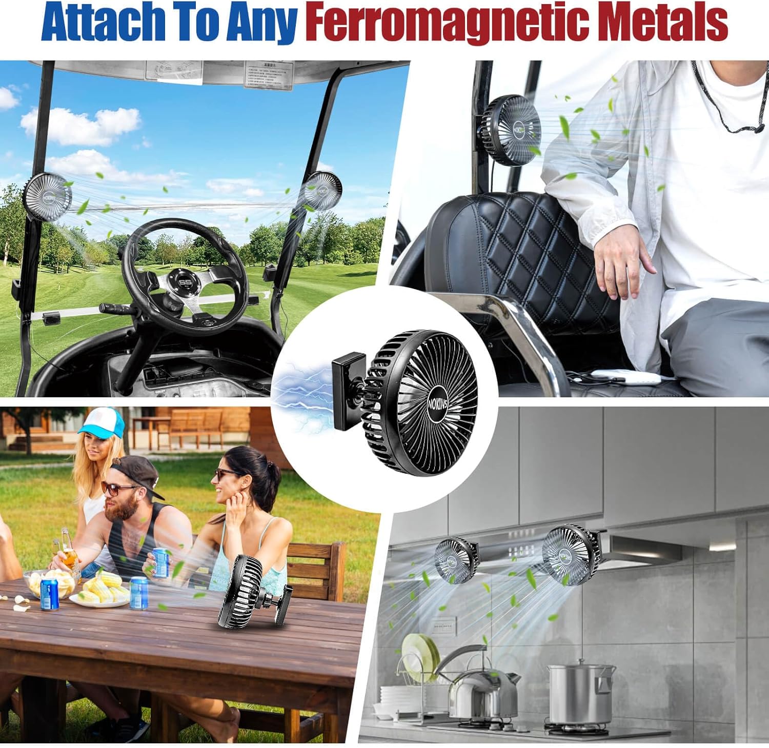 NOKINS Golf Cart Fan, Portable Magnetic Fans for Golf Cart EZGO Club Car Yamaha, Low Noise Designed and 3-Speed Settings 360° Rotatable with Magnetic Mount Base&USB Input