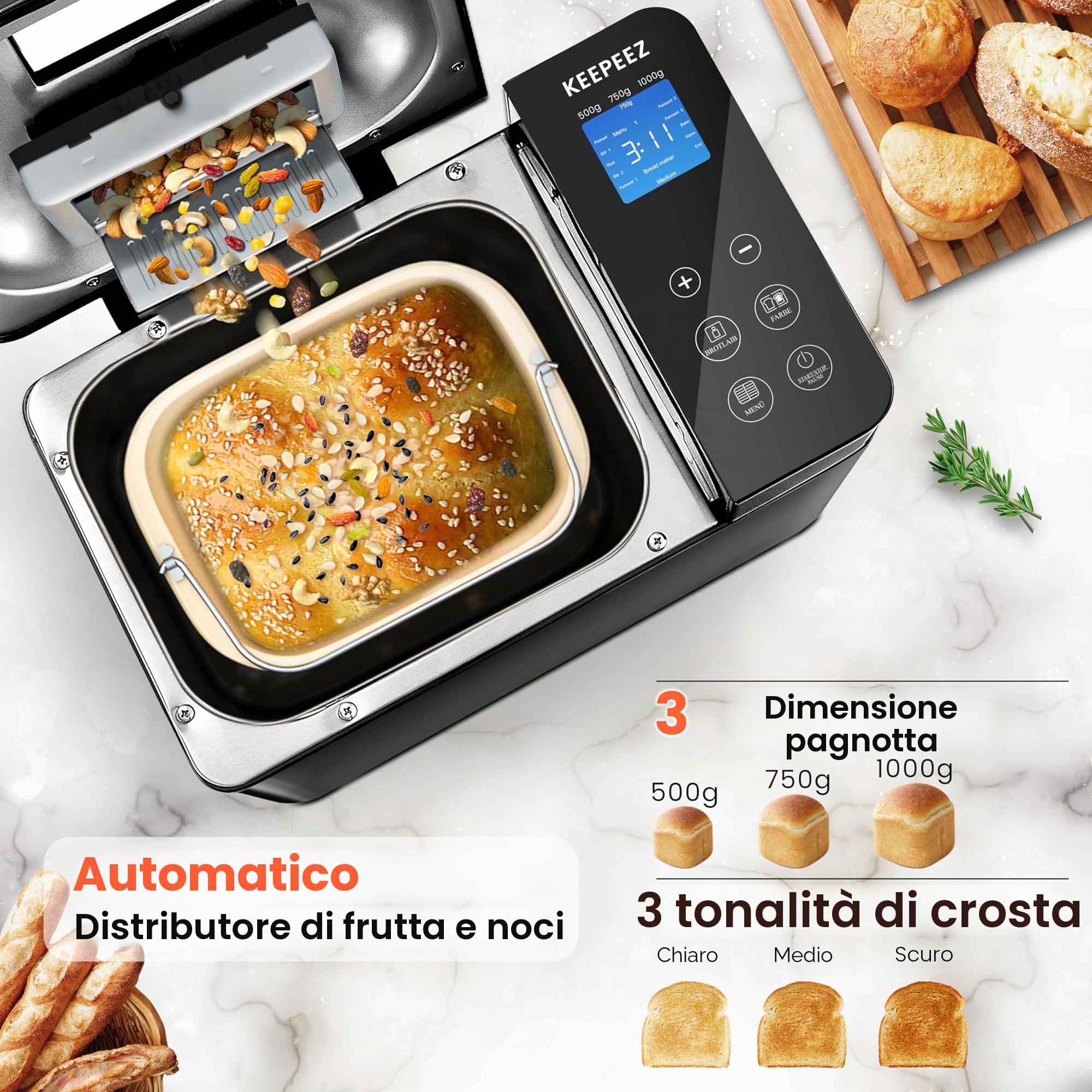 Macchina per il pane di alta qualità in acciaio inox con stampo sano in ceramica, touch screen intelligente e doppi sensori di temperatura, 17 programmi automatici, distributore automatico di