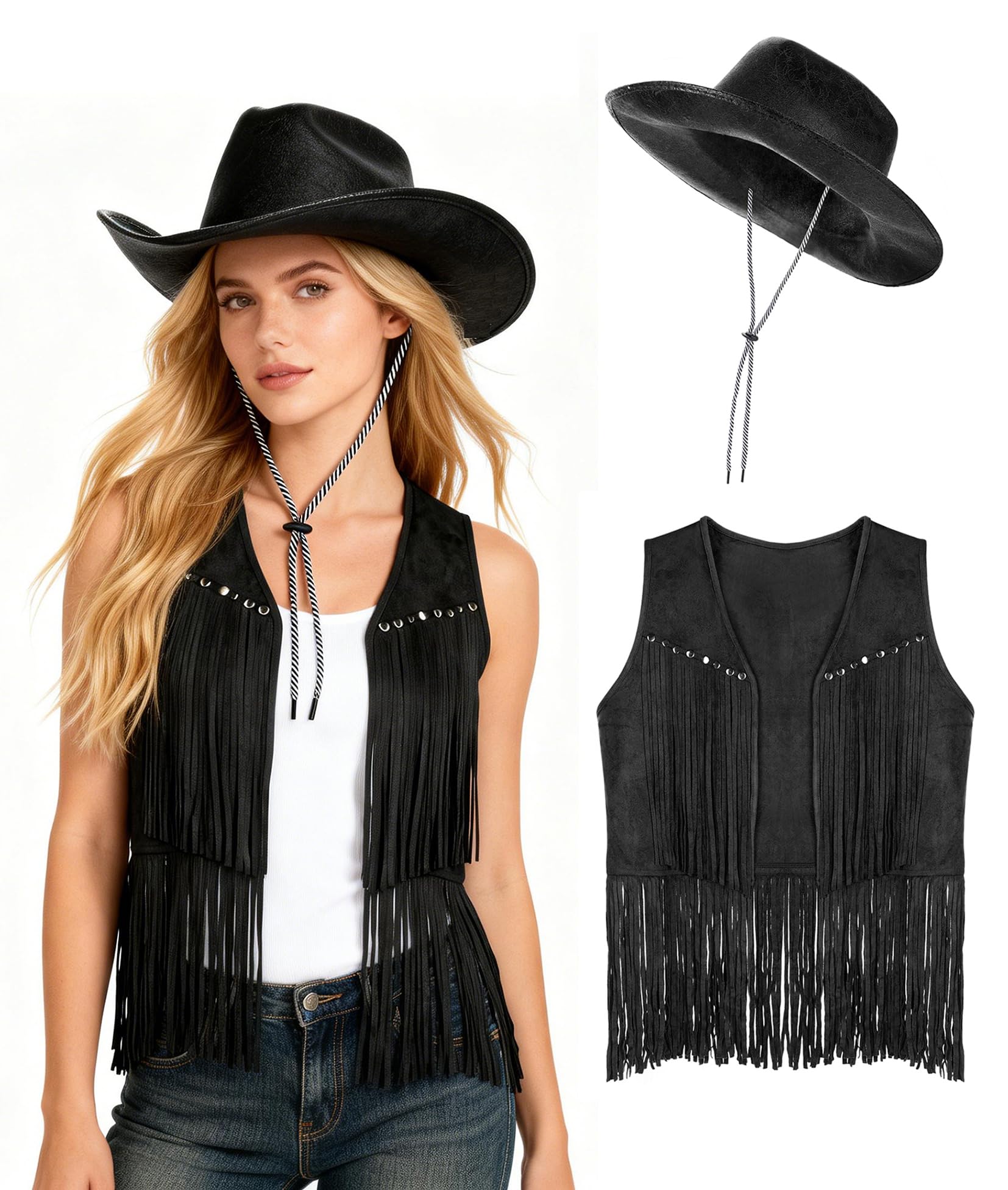 Qchomee Unisex Western Cowboy Outfits Retro Cowgirl Hippie Costume Hat for Women Men Sleeveless Jackets Vest with Tassel Faux Suede Cowboy Hat Fringe Vest Fancy Dress Costume Set Brown