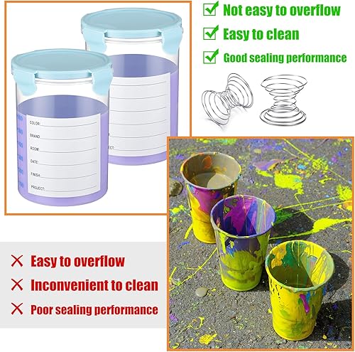 Vista 11 de Skylety Juego de 8 recipientes de plástico para pintura con tapas, recipiente hermético de almacenamiento de pintura con bola mezcladora de acero
