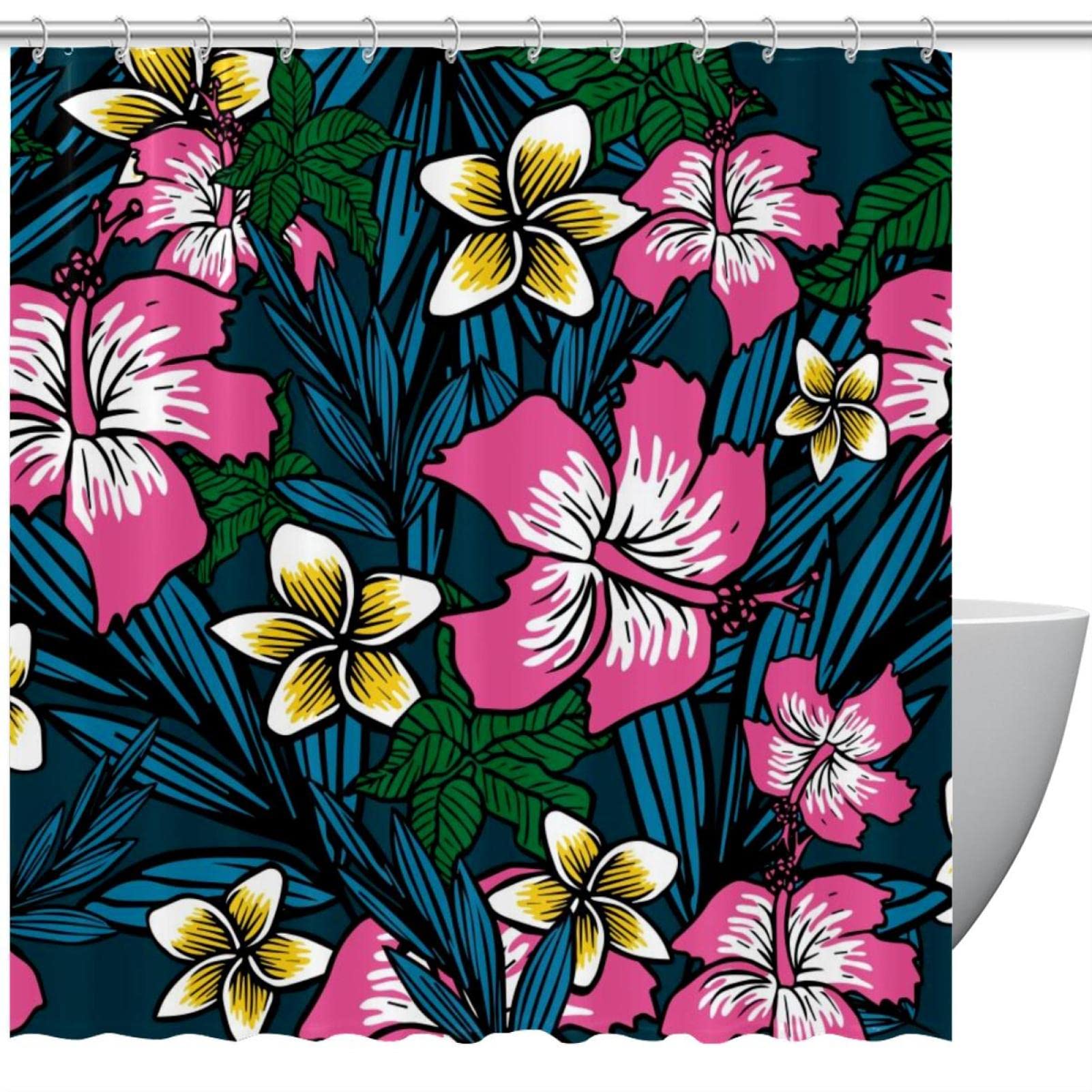 Rideau de douche vert floral avec crochets anneaux de douche