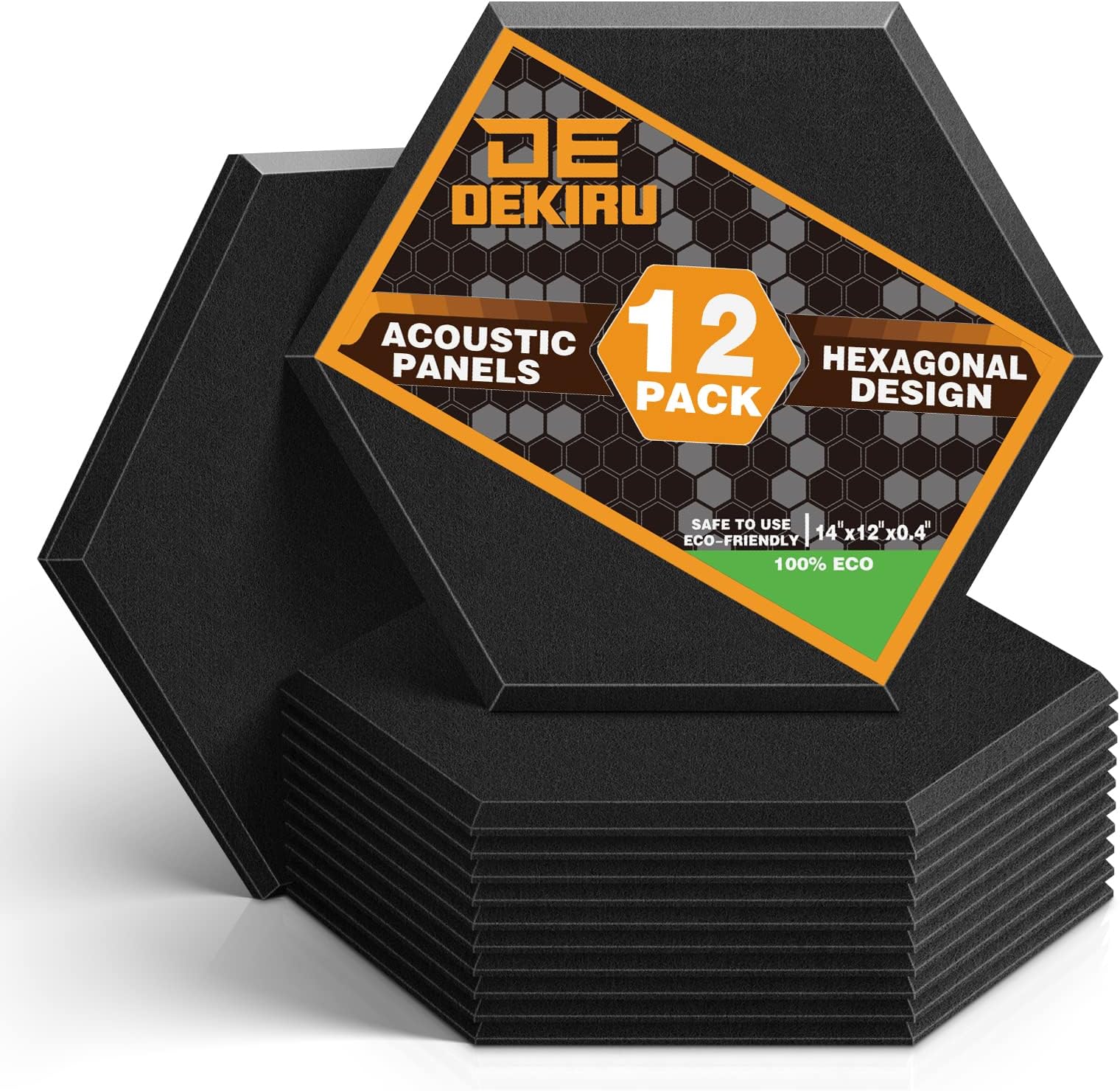 DEKIRU 12 Pack Acoustic Panels Hexagon Sound Proof Padding, 14 X 13 X 0.4 Inches Sound dampening Panel Used in Home & Offices (Black)