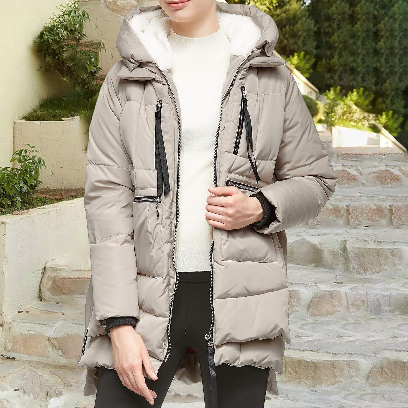 Generisch Chaqueta de plumas para mujer, invierno, chaqueta acolchada para mujer, ligera, tallas grandes, chaqueta con capucha, chaqueta de entretiempo forrada de felpa con cordón, abrigo acolchado de