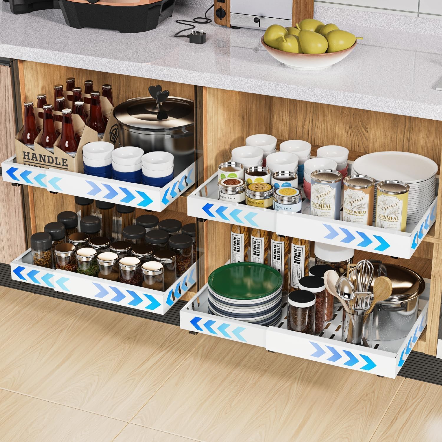 iHomara Pack de 2 organisateurs de placard extensibles avec adhésif, tiroirs coulissants pour cuisines, étagères coulissantes pour l'organisation, largeur réglable de 32 à 53 cm