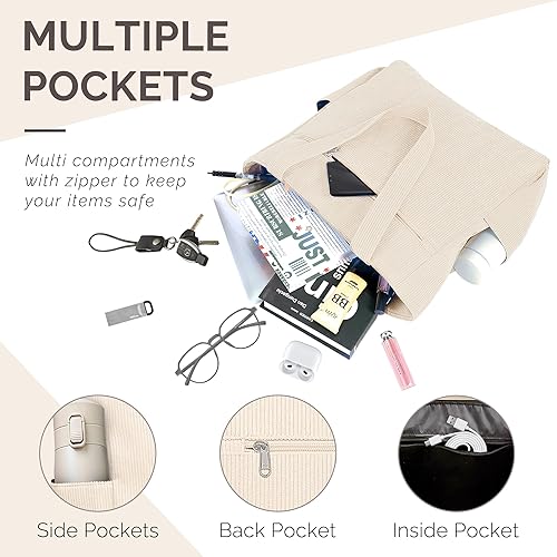 Miniatura 3 de Bolsa de mano de pana Buringer para mujer, gran bolsa de hombro con cremallera y bolsillos para viajes, gimnasio, vacaciones