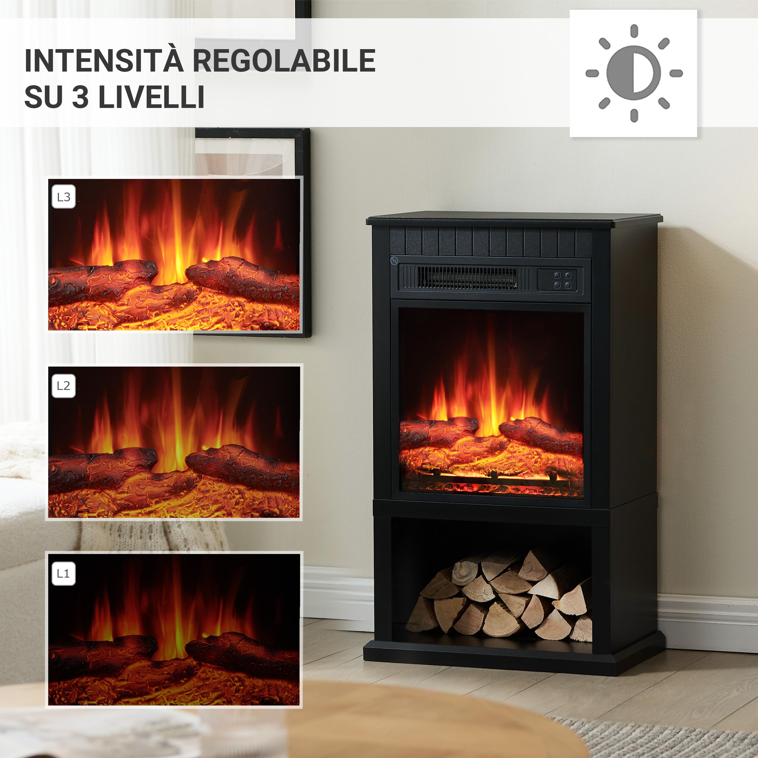 Balderia Camino elettrico Ember | Camino elettrico con effetto fiamma 3D, riscaldamento 2000 W, timer e termostato