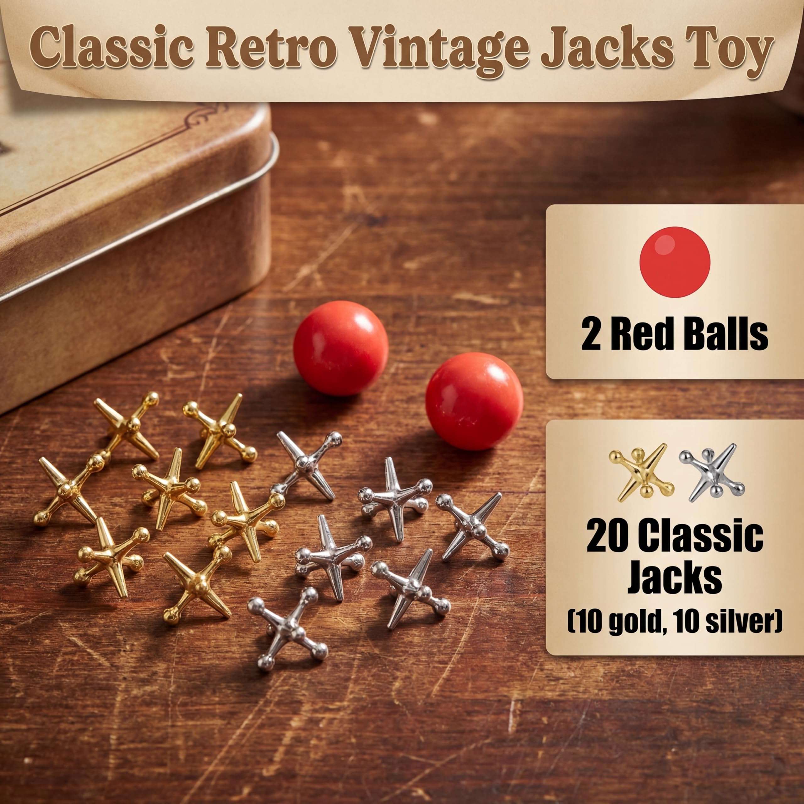 Gejoy Juego de 2 gatos de metal con bola, 2 bolas de goma rojas y 20 piezas de juguetes clásicos retro vintage para niños y adultos para fiesta de cumpleaños juego