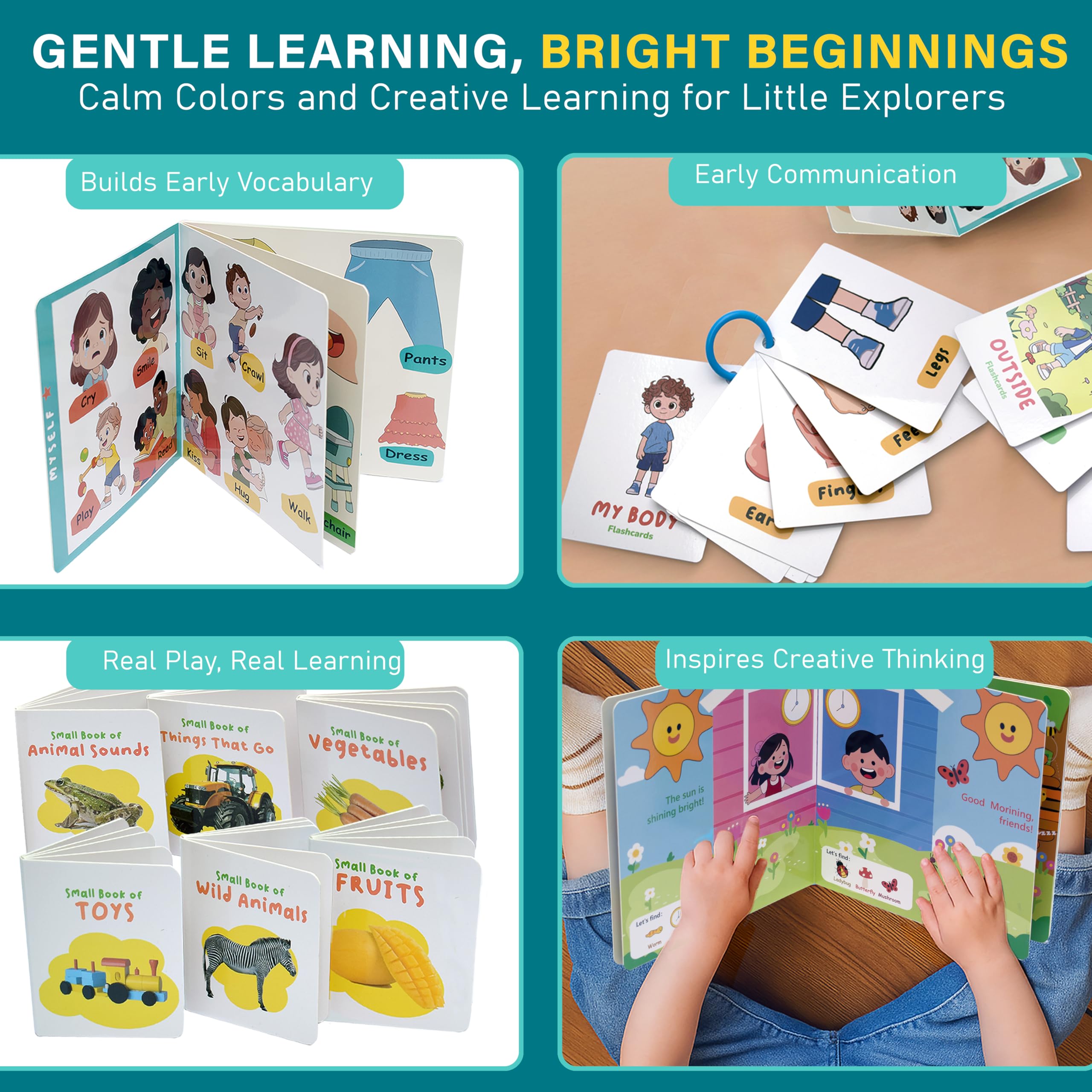 EDUKIDS Little Learners Box – Caja Montessori Educativa 1–3 Años con Libros, Flashcards en Inglés, Tablero de Actividades | Juguete Educativo de Lenguaje y Vocabulario | Regalo Bebé Niño Niña