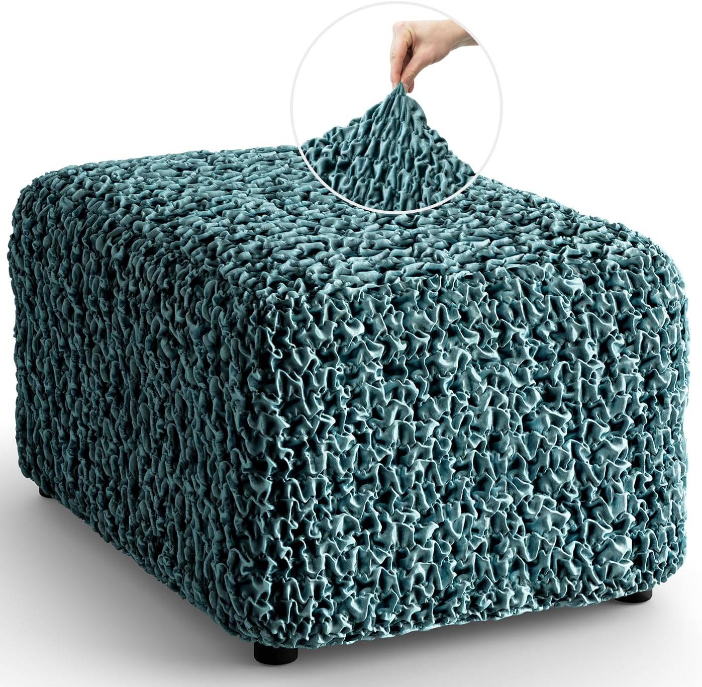 PAULATO BY GA.I.CO. Ottoman Slipcover - Stretch Stool Sofa - Shiny Velvet Pouf Protector for Pets and Kids - Soft Ottoman Cover - Durable and Easy to Clean Furniture Slipcovers - Fuco Velvet - Teal