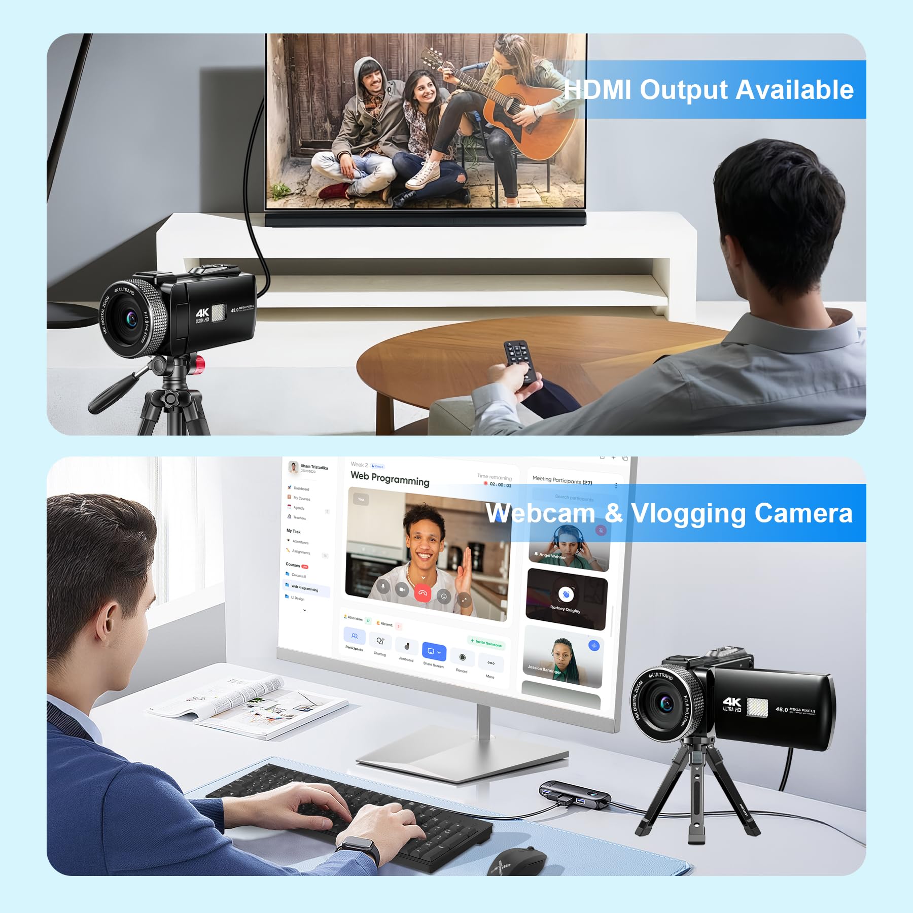 Videocamera digitale 4K, 2026 aggiornata con telecomando e touch screen e messa a fuoco automatica, videocamera digitale per vlogging su Youtube, 48 MP foto 4K 60 FPS, con telecomando/batteria