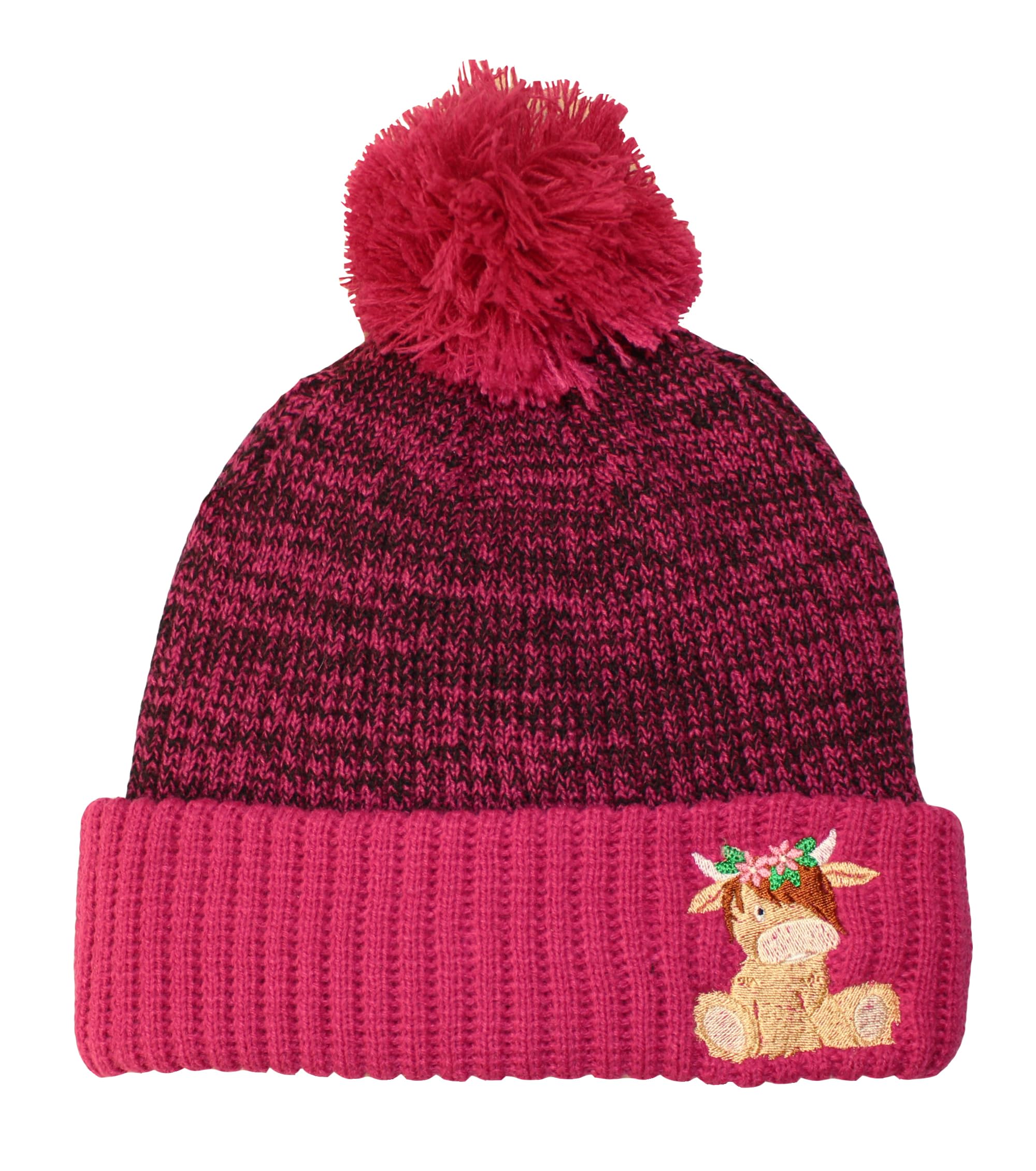 TeddyT's Girl's Highland Cow Embroidered Pink Knitted Bobble Hat (4-8 Years)