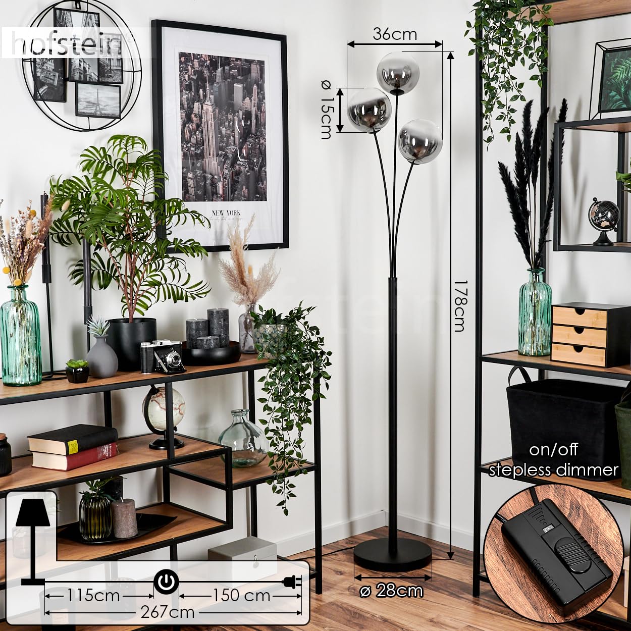 Stehleuchte Bernado, Stehlampe aus Metall/Glas in Schwarz/Rauchfarben/Klar, Leuchte im modernen Retro/Vintage-Design mit Schirmen aus Glas (Ø 15 cm), dimmbar über Fußschalter, 3x G9, ohne Leuchtmittel